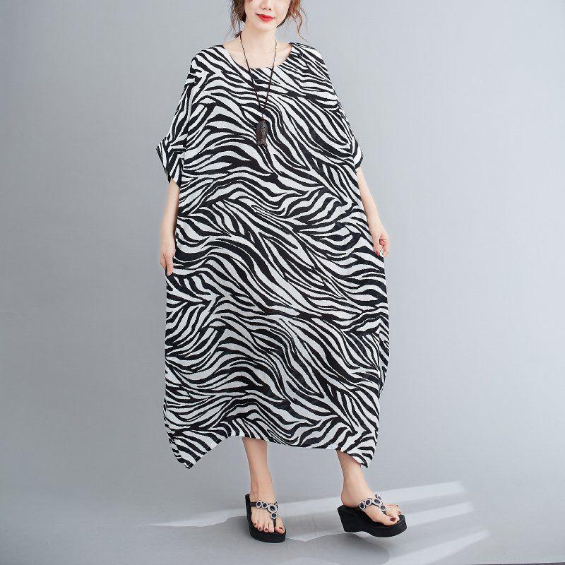 WTEMPO Zebra Pattern Plus Size Ladies Dress Summer Round Neck Long Dress Casual Mid-calf Length