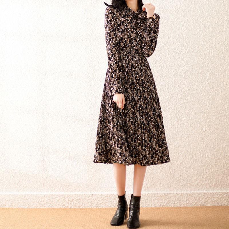 Chiffon Floral Dress Female Spring Summer French Retro Waist Pleated Skirt All-match Dinner Dress