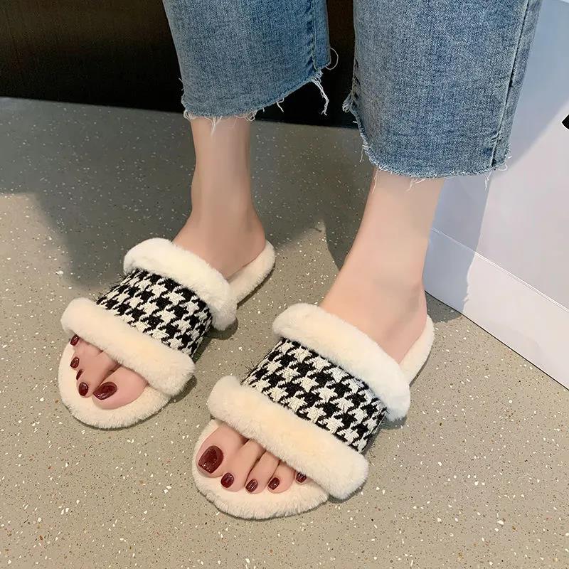 Ladies Autumn/winter Fashion Cotton Slippers One-word Slippers Indoor and Outdoor Casual Flat Shoes Soft Shoes