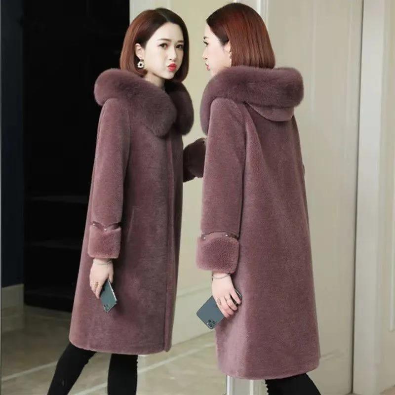 Real Fox Fur Collar Particle Sheep Shearing Female Mid-length Fur with Haining Fur Thickening Warm Jacket