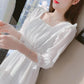 Women's Summer Dress Square Neck Slim Puff Sleeve Solid Color Skirt