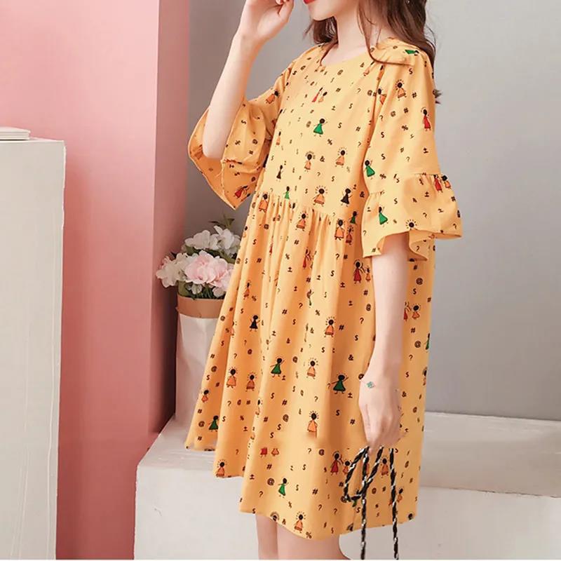 3colors S-XXXXL Summer Round Neck Cute Girl Student Dress Cotton Loose Knee-length