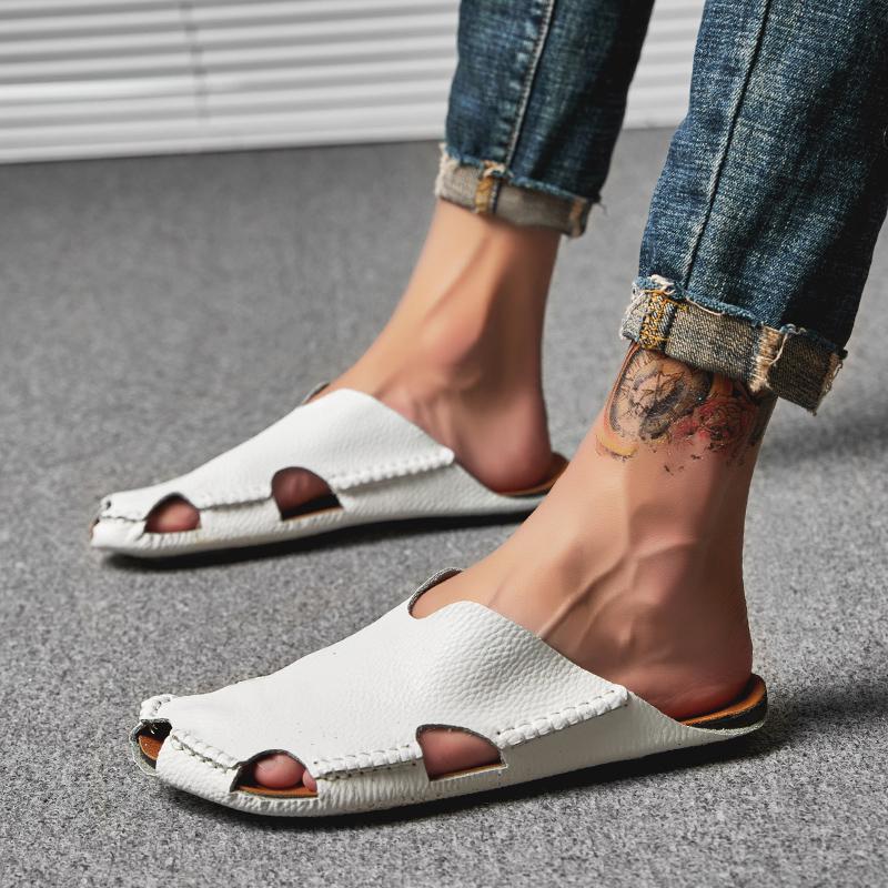 Men Sandals Beach Shoes Summer Drain Leather Wading Shoes On Surf Quick -Drying Skin Slip -On Light