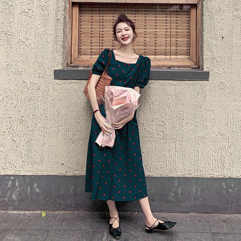 Dress Women's Waist Chiffon Over The Knee Square Collar Retro Casual Fashion French Summer Skirt