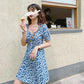 Chiffon Midi Skirt A-line Skirt Retro French Square Collar Puff Sleeves Slit Dress Oil Painting Purple Floral Skirt Elegant Temperament