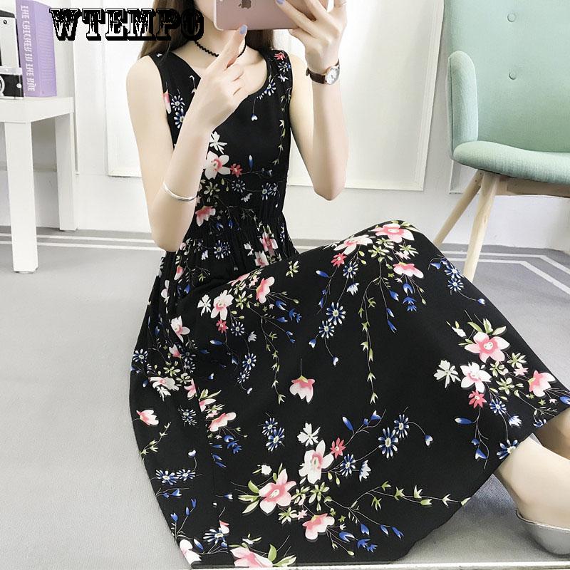 WTEMPO Beach Holiday Dress Sleeveless Long Skirt Female Summer Bohemian Printed Beach Dress Floral