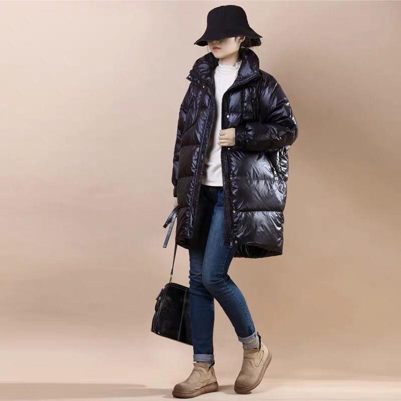Mid-length Down Jacket Women Winter Korean Version of Loose Stand-up Collar Shiny Down Jacket Bread Suit Jacket