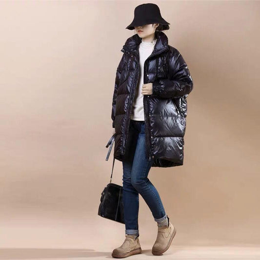 Mid-length Down Jacket Women Winter Korean Version of Loose Stand-up Collar Shiny Down Jacket Bread Suit Jacket