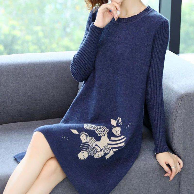 Autumn and Winter Loose Mid-length Dress Large Size Casual Printing Base Skirt Temperament Middle-aged Women Sweater Dress