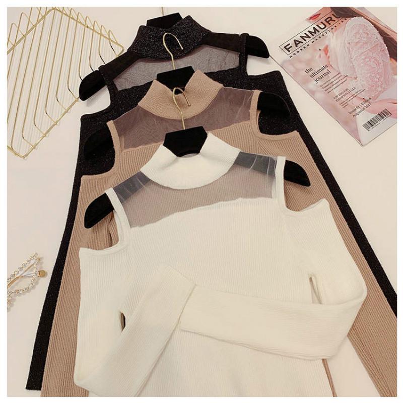 Pofulove Women Off-the-shoulder Half Turtleneck Shirt Mesh Stitched Sexy Knitwear Elastic Jumper