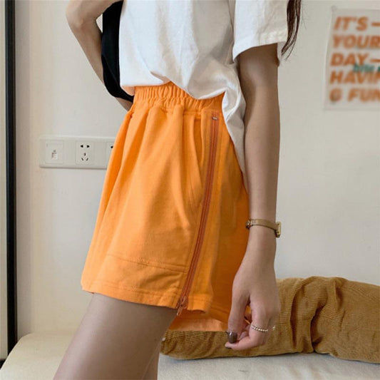 Cotton Summer High Waist Large Size Loose Zipper Wide Leg Casual Sports Solid Color Sports Shorts