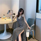Fashion women Sexy off shoulder Spaghetti Strap Dress elastic V-neck stripe backless Maxi Dress