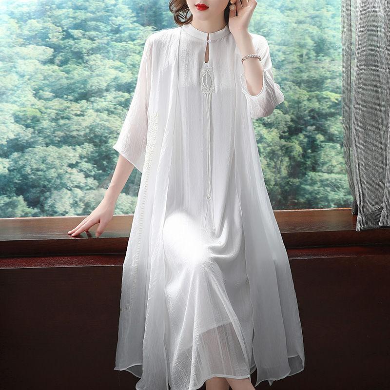 Spring Summer Women Two-piece Long Skirt Chinese Style Women Retro Temperament Cheongsam Improved Version Spinning Dress