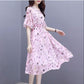Chiffon Dress Summer Temperament Was Thin, Printed Fairy A-line Mid-length Waist Floral Skirt Round Neck Short-sleeved Ladies Chiffon Dress