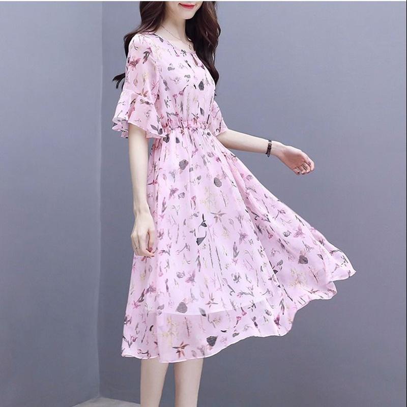 Chiffon Dress Summer Temperament Was Thin, Printed Fairy A-line Mid-length Waist Floral Skirt Round Neck Short-sleeved Ladies Chiffon Dress