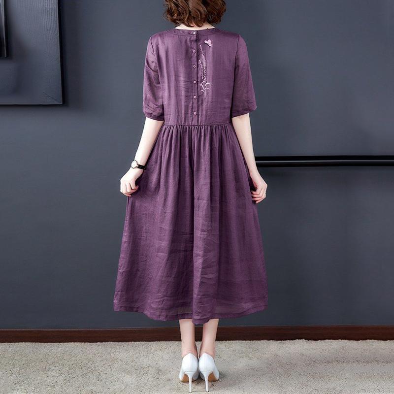 Violet Print Back Cotton and Linen Dress Women Spring and Summer V-neck  1/2 Sleeve Ethnic Style Solid Color Large Size Dress