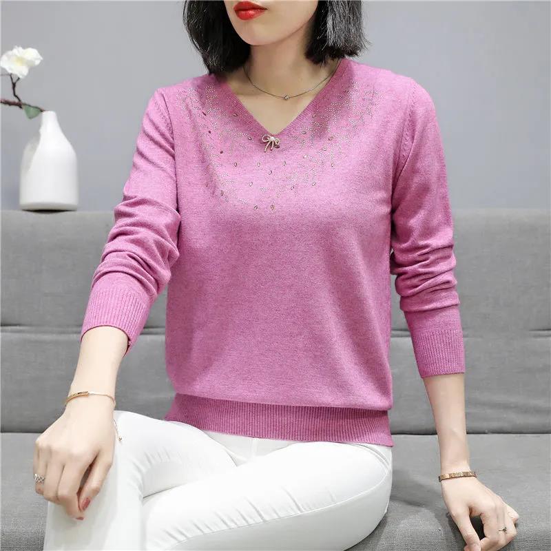 Women's Bow Knot Diamond V-Neck Sweater Solid Color Loose Pullover Long Sleeve Knit Sweater