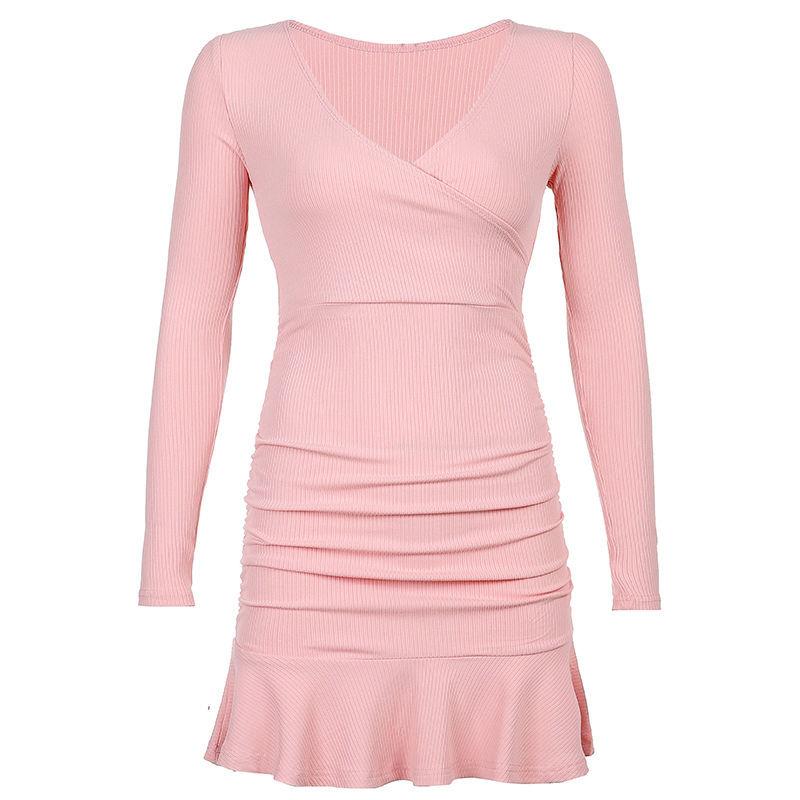 Dress Feminine Long-sleeved Slim Elastic Irregular Short Skirt Evening Dress