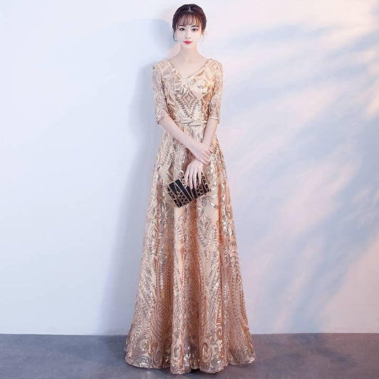 Banquet Evening Dress Noble Gold Sequins Dinner Host Dress Female Annual Chairman Section Was Thin
