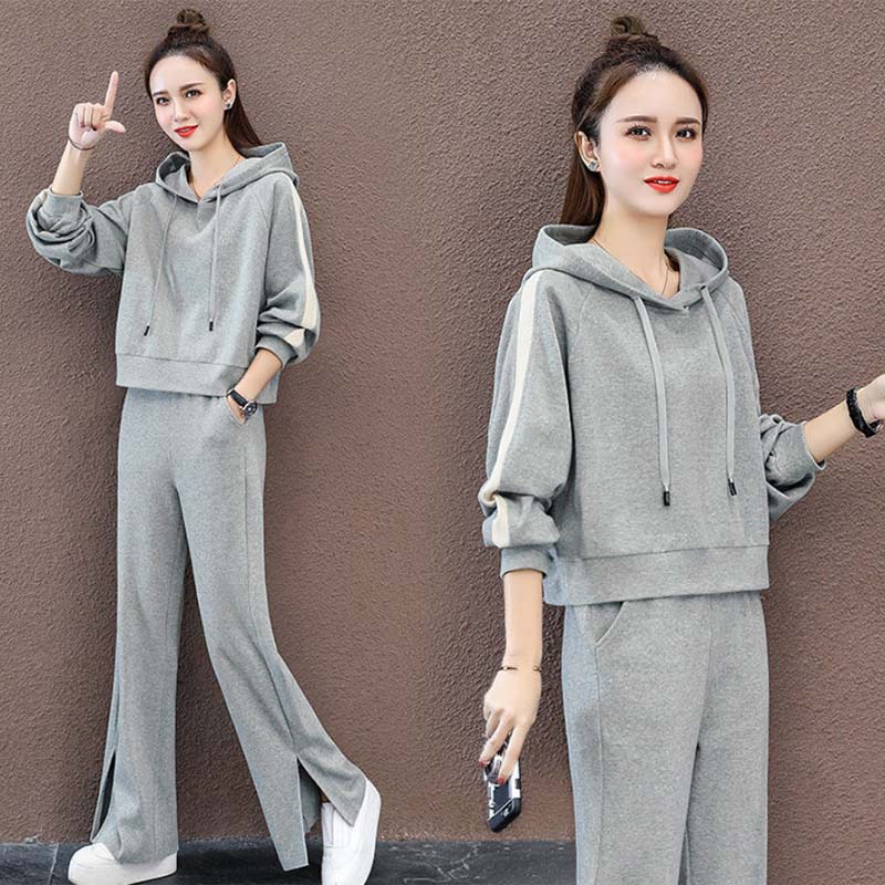 Solid Color Sports Suit Women's Cotton Spring and Autumn Leisure Sports Suit Hooded Long-sleeved Sweater Wide-leg Pants Two-piece Set