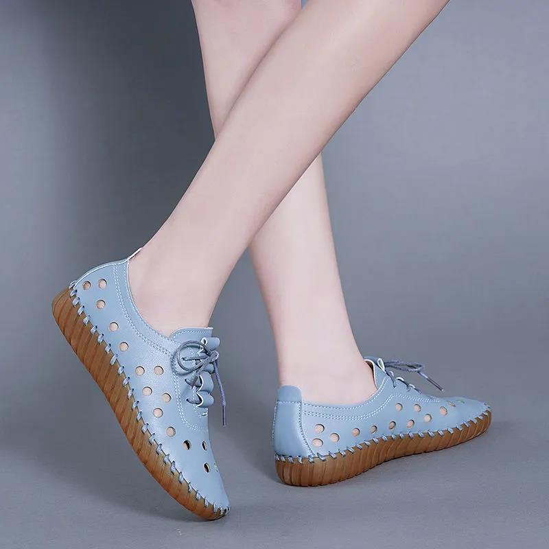 Women's Spring Summer Large Size Flat Shoes Non Slip Soft Sole Solid Color Hollow Out Leather Shoes