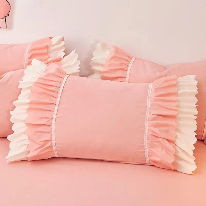 Korean Version of Cotton Bedding Lace Pillowcases A Pair of Single and Double Lotus Leaf Pillowcases Universal 48*74cm