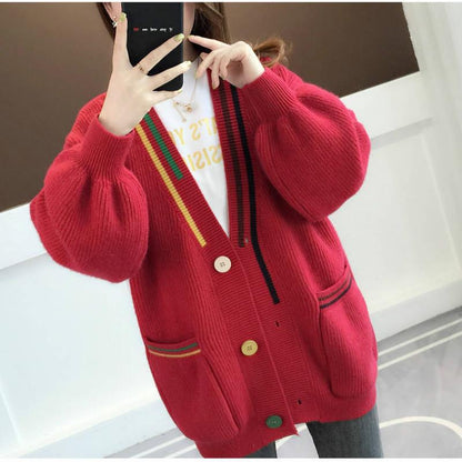 Autumn and Winter Cardigan Sweater Women's Knitted Jacket Lantern Sleeves Loose Sweater