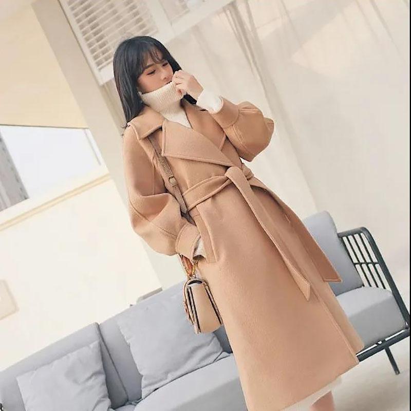 Autumn and Winter Woolen Coat Korean Style Fashion Waist Woolen Coat Women's Thick Large Size Mid-length Over-the-knee Coat