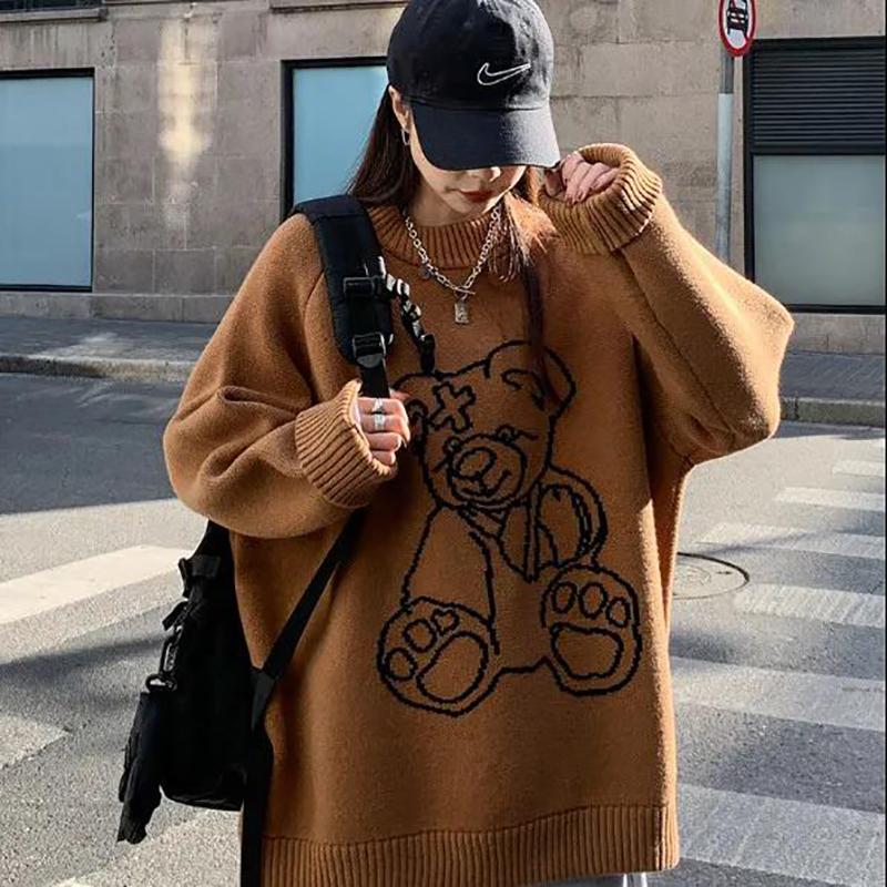 Autumn and Winter Women's Sweater Korean Loose Print Pullover Sweater Cute Round Neck Top
