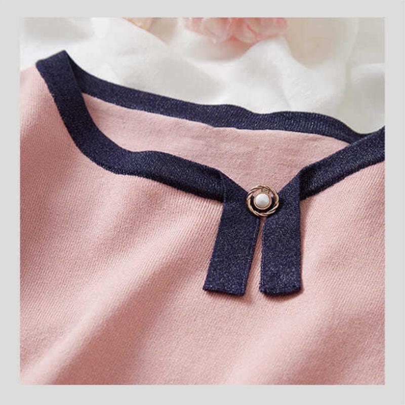 Contrast Color Design Sense Asymmetric Ladies Shirt Sweater Knitted Sweater Ice Silk Three-quarter Sleeve Pullover