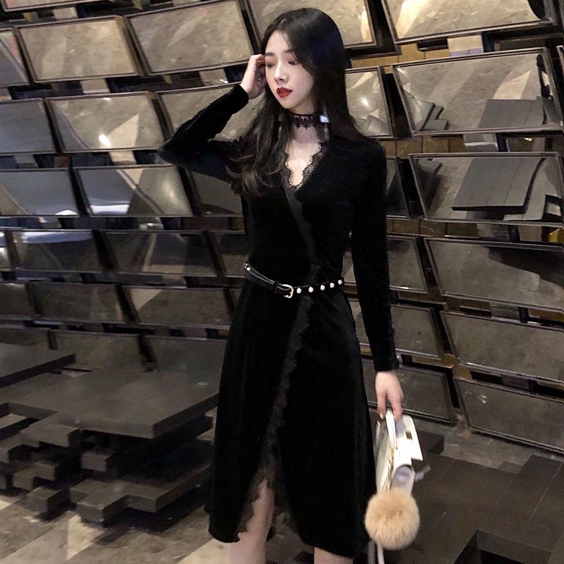Mid-length dress wild black dress female spring and autumn sexy lace skirt plus size Slim V-neck