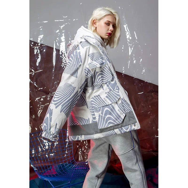 Winter Ladies Parka Coat Fashion Print Hooded Short Cotton Padded Parka Jacket