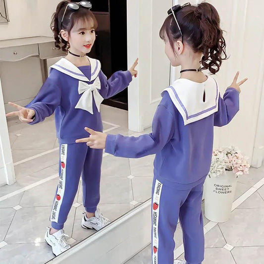 Girls' College Style Long-sleeved Printed Pullover Sweater Spring and Autumn Children's Clothing Girls Casual Fashion Top Pants Two-piece Set