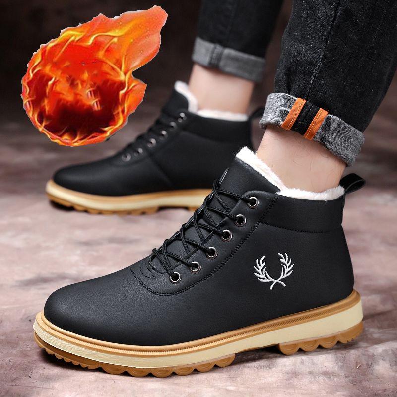 Plus Velvet Padded Winter Warm Snow Boots Men's Leather Cotton Shoes Waterproof and Non-slip Trendy Martin Boots