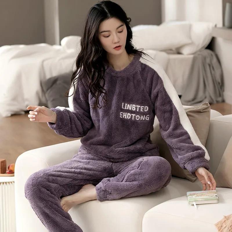 Coral Fleece Pajamas Women Autumn Winter Sleepwear Thick Warm Velvet Homewear Top and Pant Suit Cartoon Cute Nightwear O Neck Pullover Long Sleeve