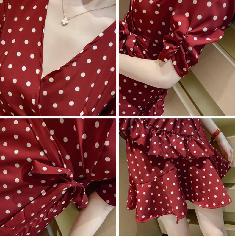 Ruffle Trim Sashes Women Summer Dress 3/4 Sleeves Dot Print Casual Dress Sweet A Line Mini Dresses