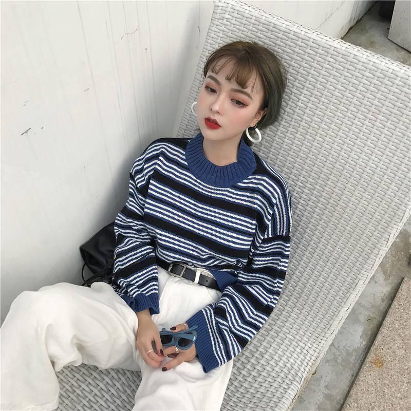 Striped Autumn Winter Retro Harbor Style Sweater Female Students Loose Wild BF Harajuku