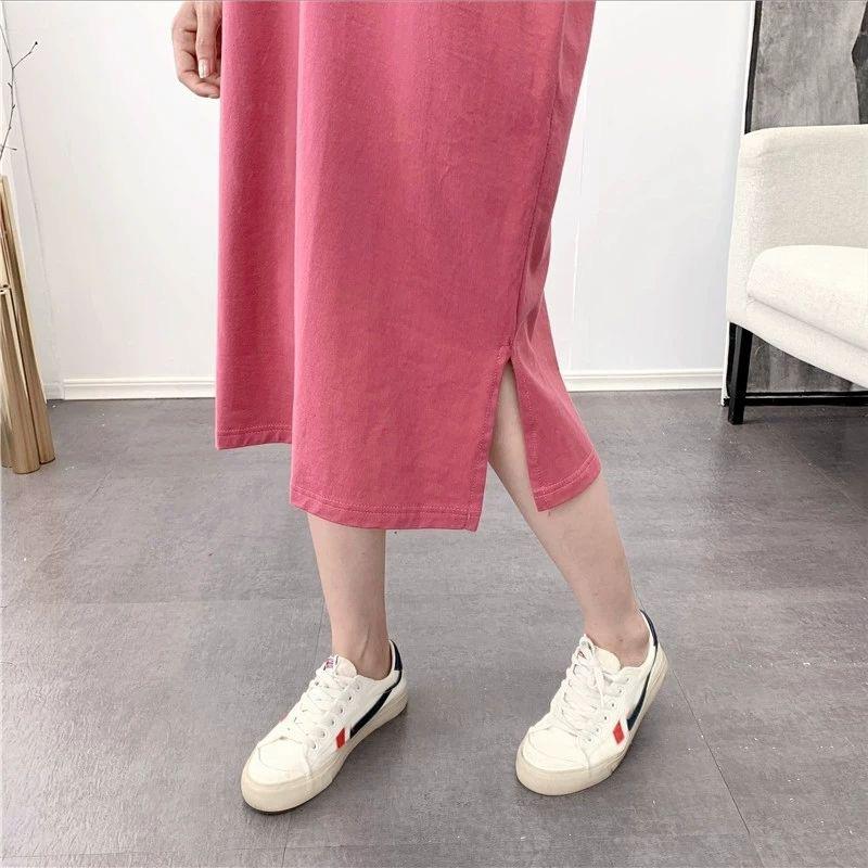 Cotton Simple Style Women's Summer Dress Short Sleeve Round Neck Solid Color Knee-length Daily Wear