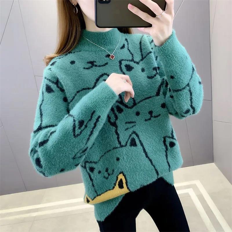 Korean Style Fashion Imitation Mink Fleece Sweater Half Turtleneck Knitted Long Sleeve Plush Sweater Loose Plus Size Cat Sweater