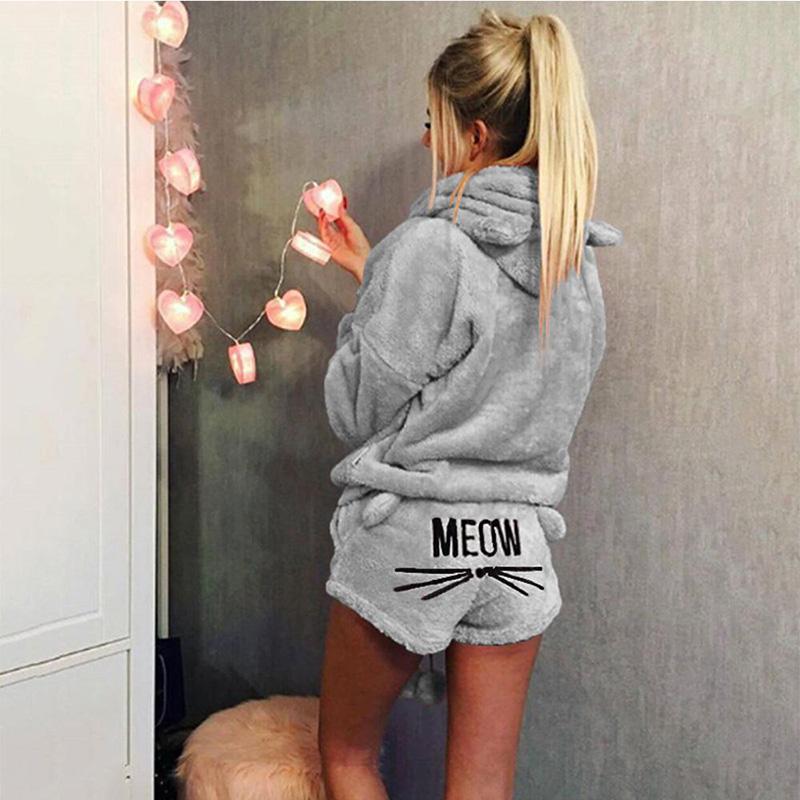 Winter Warm Women Cat-Ear-shaped Hooded Embroidery Sleepwear Pajama Set Female Shorts Homewear Suits