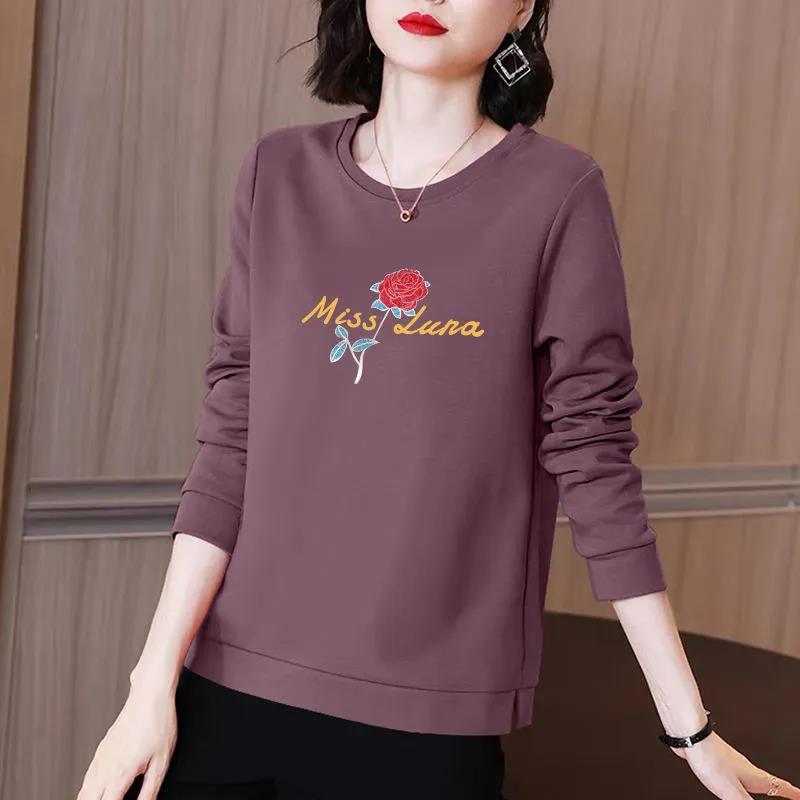 Rose Branch Print Pullover Women Cotton Shirt Long Sleeve T-shirt Casual Slit Bottoming Shirt Spring