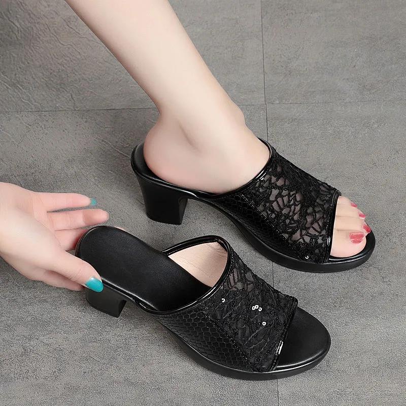 Summer Waterproof Platform Non-slip Thick Heel Sandals Middle-aged Mother Shoes Women's Breathable Mesh Sandals Flip Flops