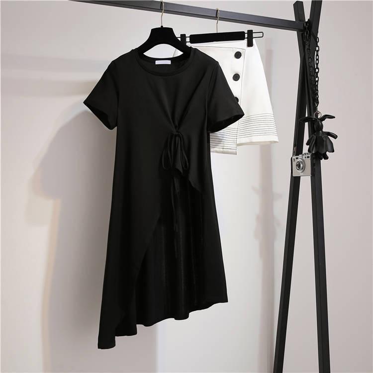 Fashion Cotton T-shirt Set Women Summer Irregular T-shirt Skirt Two-piece Plus Size Skirt Suits