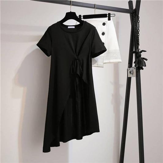 Fashion Cotton T-shirt Set Women Summer Irregular T-shirt Skirt Two-piece Plus Size Skirt Suits