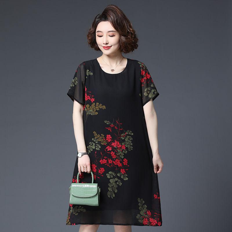 XL-XXXXXL Women's summer dress Chiffon Veil Short sleeve Round neck printing Daily wear