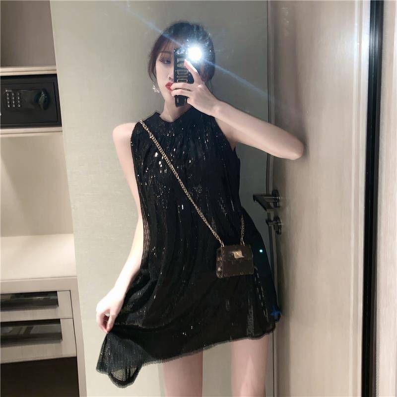Tutu Sequins Shiny  Women's Summer Vest Dress Sleeveless Round Neck Knee-length Daily Wear Home Dating Party