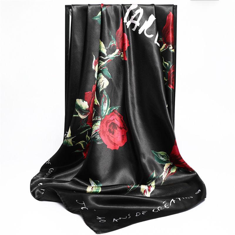 Flower Wrap Shawl Square Silk Imitation Satin Women Elegant Scarf  All-match Headscarf Sunscreen Gauze Shawl