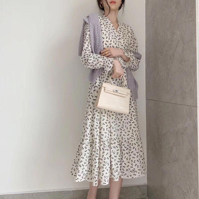 Mature Style White Skirt Covering Belly Dress Western Style Long Skirt French Bellflower Retro Autumn High Waist Hepburn Style Floral Dress
