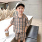 Boy's Summer Suit Two-piece Suit for Children Korean Version of Children's Cotton Plaid Hooded Two-piece Suit