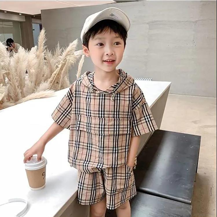 Boy's Summer Suit Two-piece Suit for Children Korean Version of Children's Cotton Plaid Hooded Two-piece Suit